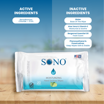 SONO moisturizing hand sanitizer wipes with active and inactive ingredients portable packs safe for kids