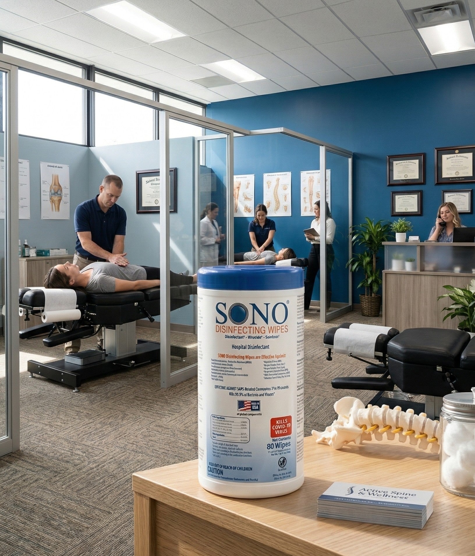 SONO disinfecting wipes container on a counter in a chiropractic office setting