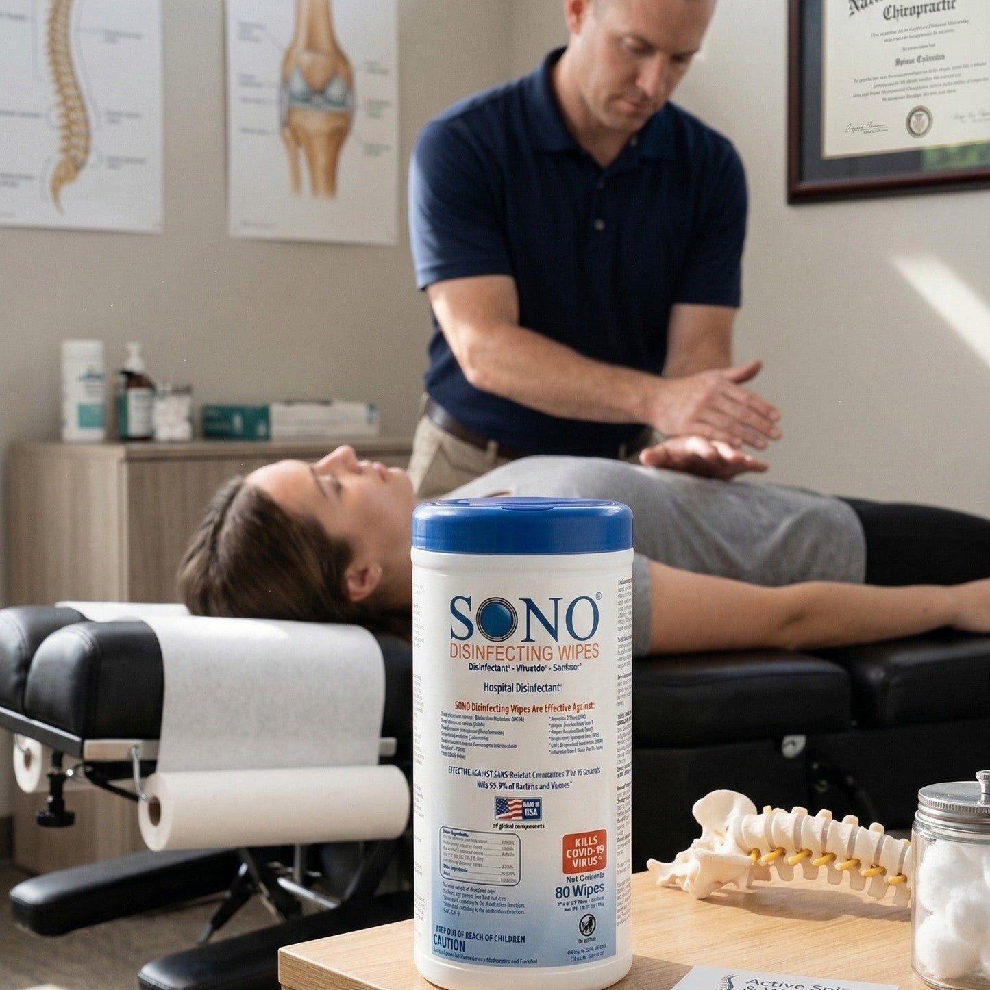 Physiotherapist treating a patient with SONO products on a table in a clinic setting.