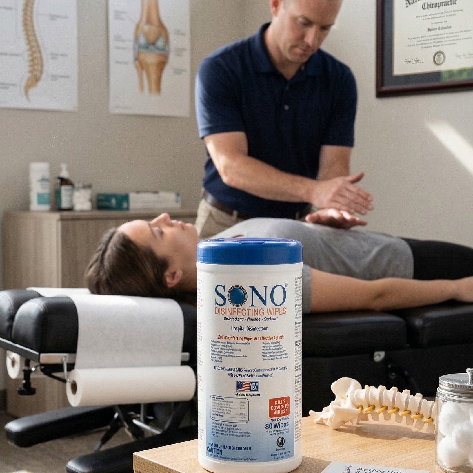 Physiotherapist treating a patient with SONO products on a table in a clinic setting.