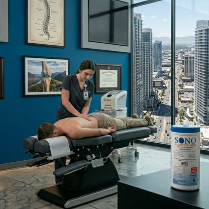 Physiotherapist treating a patient in a modern office with city views