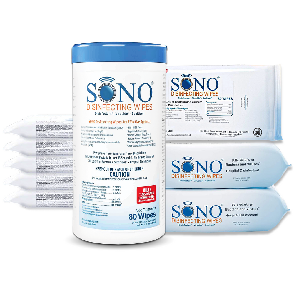 SONO disinfecting wipes packaging on a white background