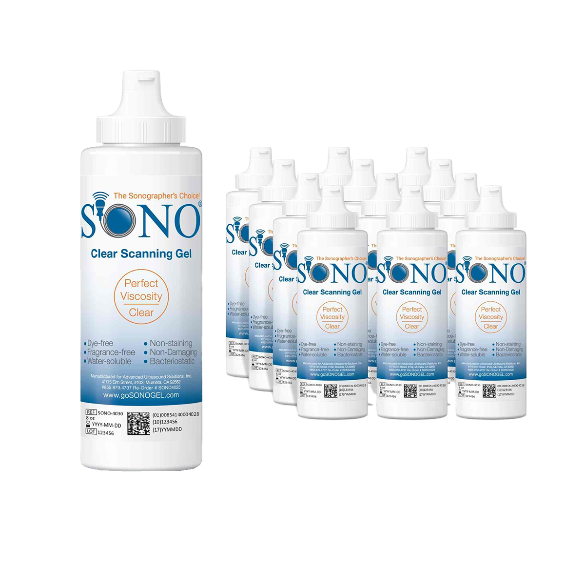 SONO Clear Ultrasound Scanning Gel - 12 Pack of 8 oz Bottles - Acoustically Correct for Broad Range of Frequencies