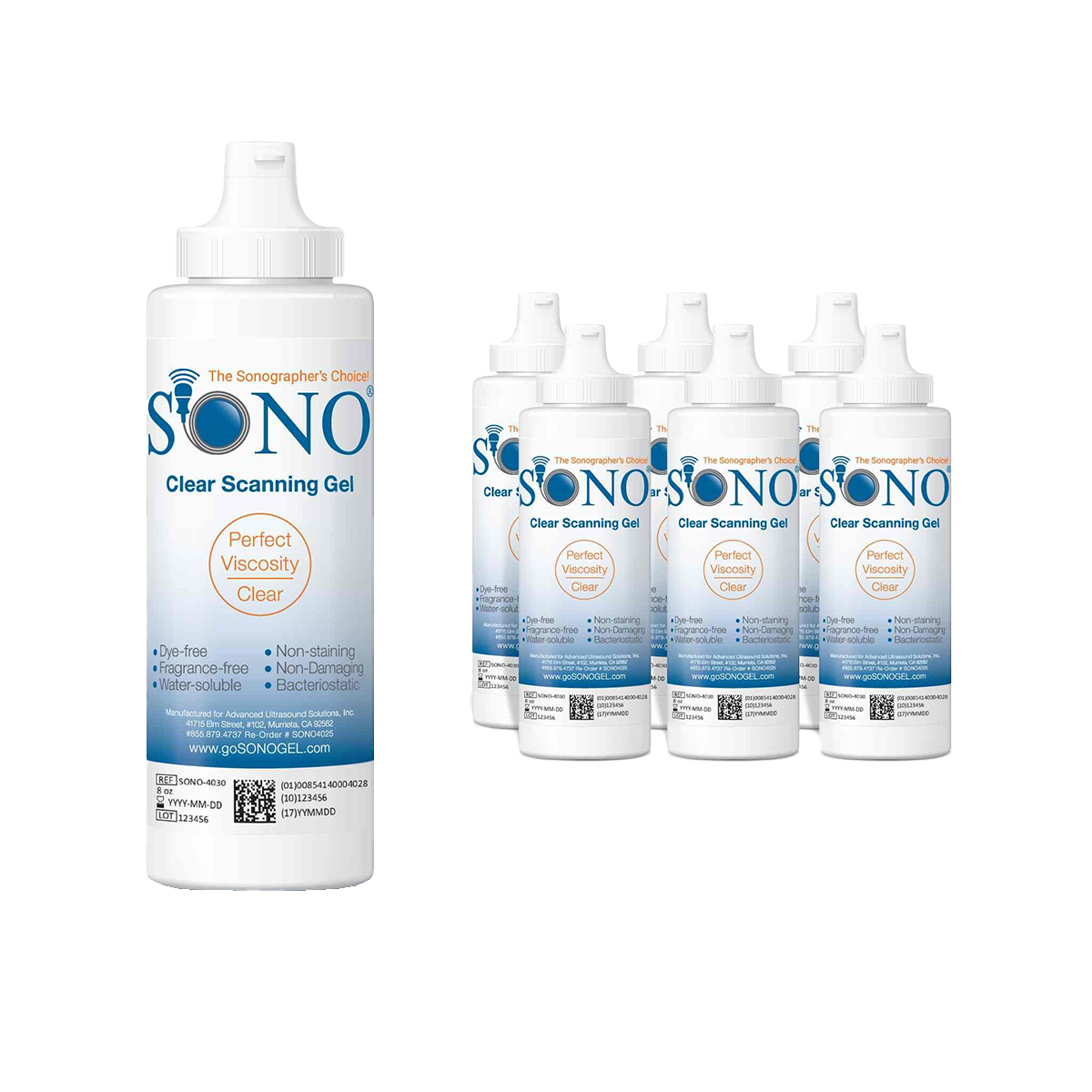 SONO Clear Ultrasound Scanning Gel - 6 Pack of 8 oz Bottles - High Viscosity for Enhanced Ultrasound Performance