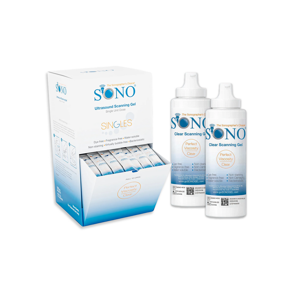 SONO ultrasound scanning gel packaging and bottles on a white background