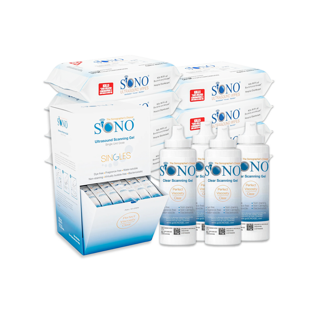SONO ultrasonic cleaning gel packaging including bottles and boxes on a white background