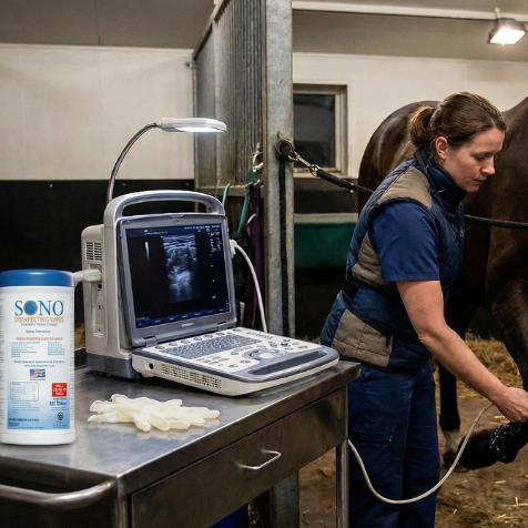 Veterinarian examining a horse with medical equipment in a stable.