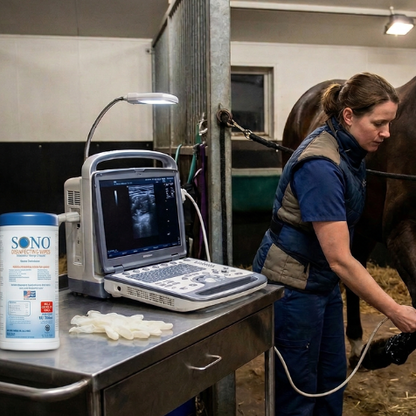 Veterinarian examining a horse with medical equipment in a stable.