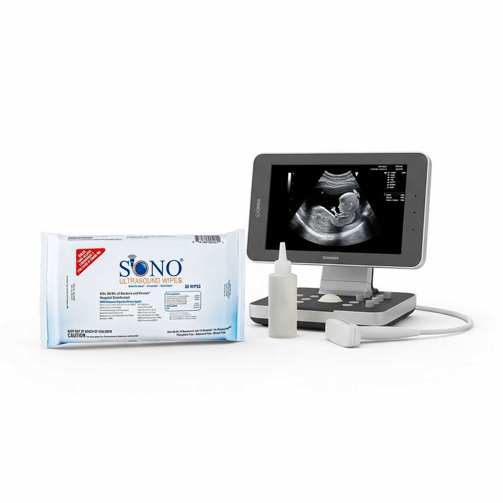 Ultrasound machine with Sono packaging on a white background
