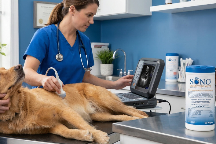 Veterinarian examining a dog with an ultrasound machine in a clinic setting.