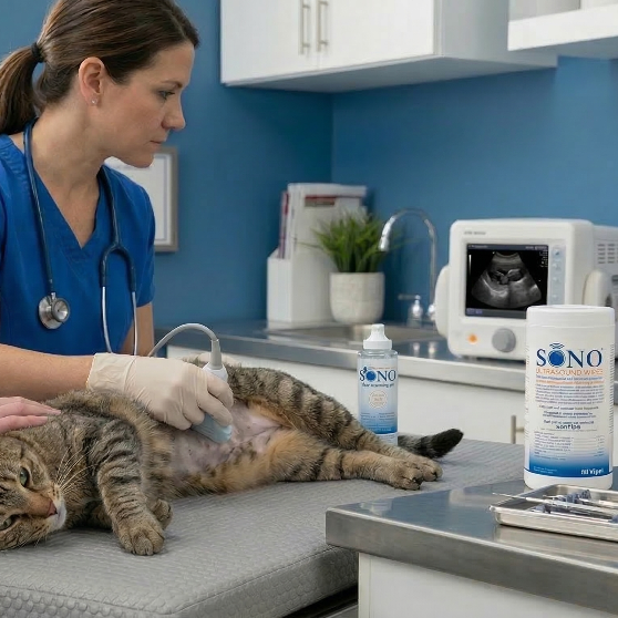 Veterinarian examining a cat in a clinic with ultrasound equipment and medical supplies.