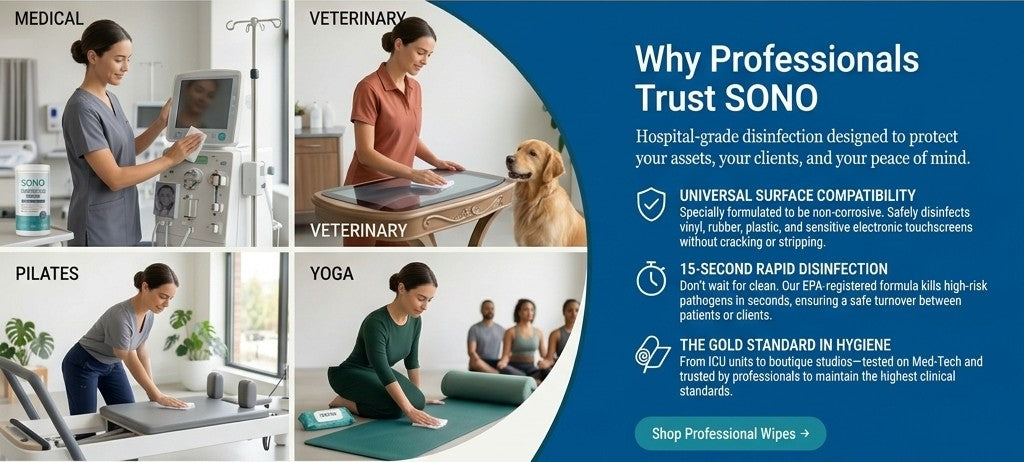 Promotional image for SONO disinfection products with people in various settings and text highlighting product benefits.