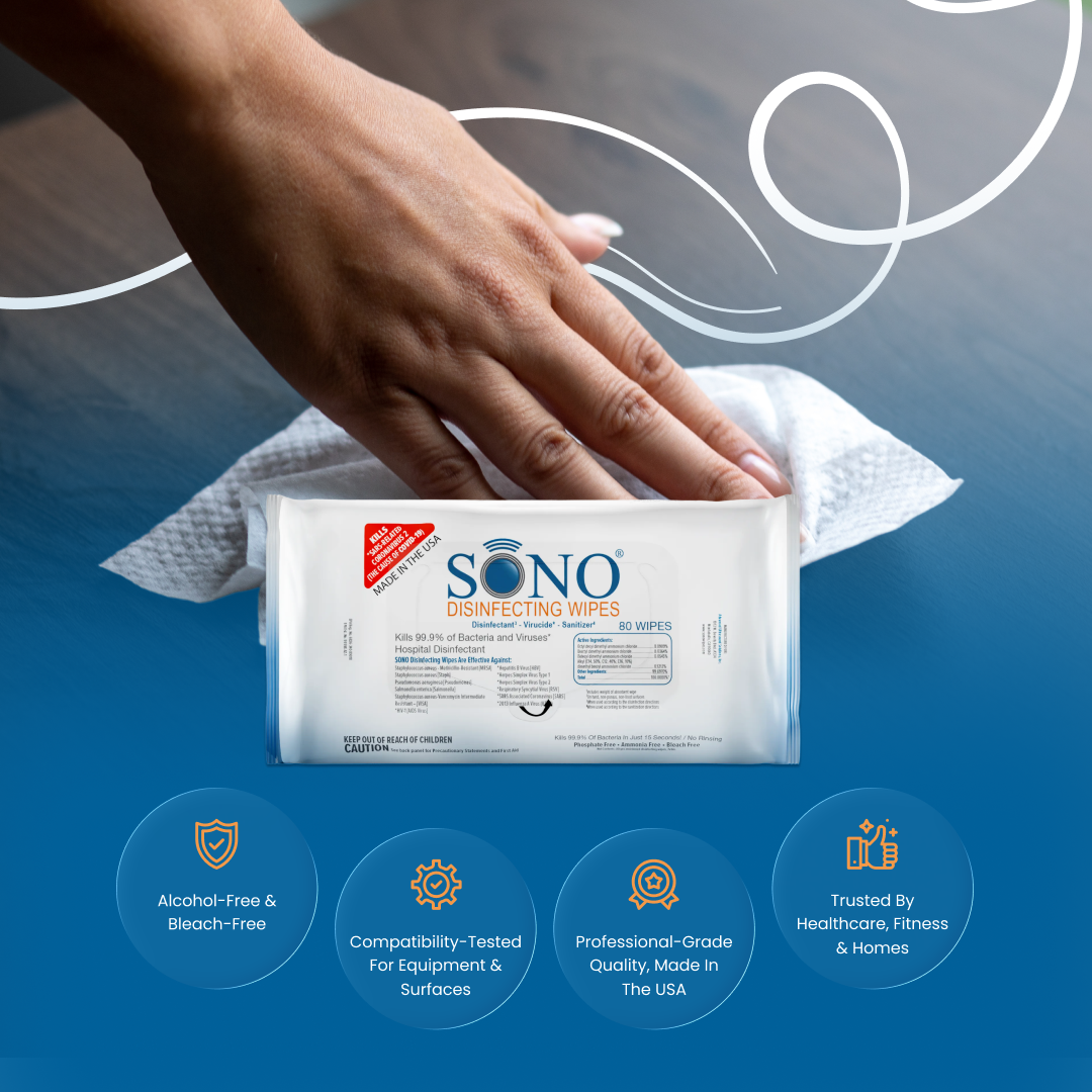 Pro-Grade Pilates Reformer | Yoga Mat Disinfecting Cleaner Deodorizer Wipes | Alcohol-Free Vinyl Safe 80ct Soft Pack | SONO