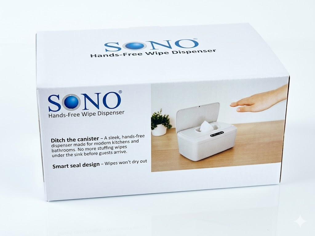 Touchless wipe dispenser technical specifications showing 40-sheet capacity and sensor range
