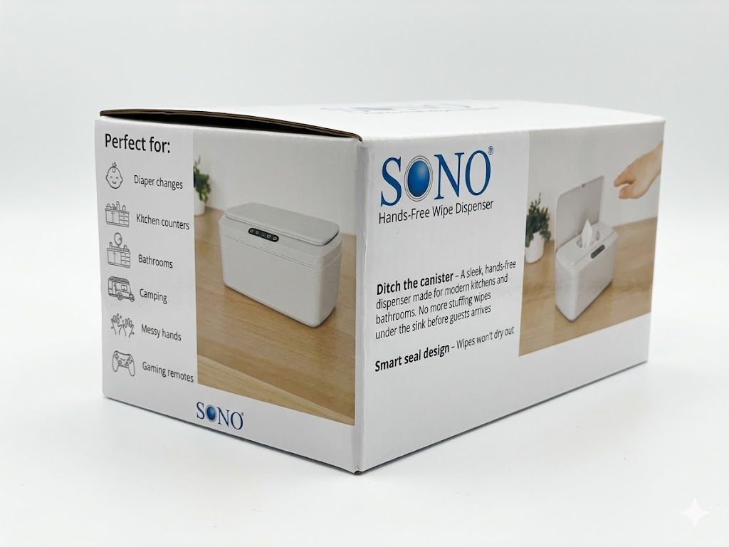 Battery operated touchless dispenser with motion sensor for hands-free wipe dispensing