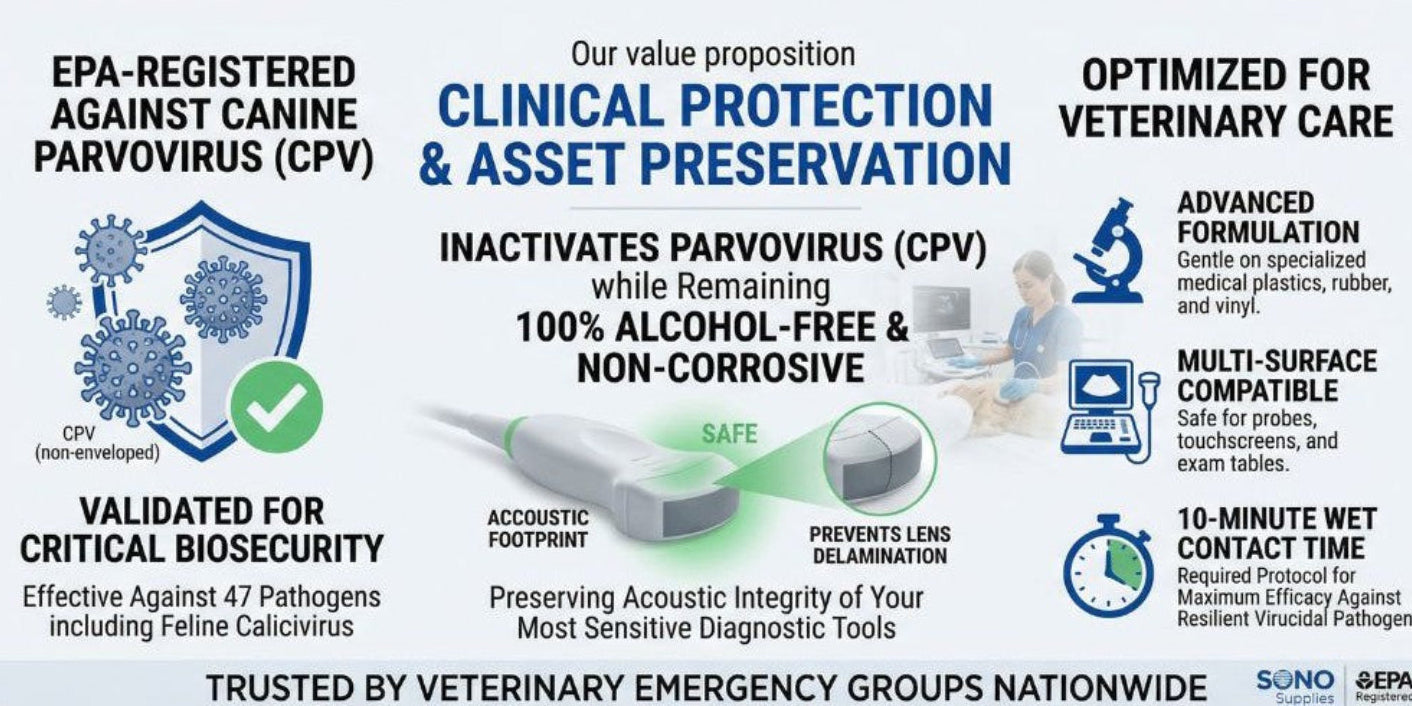 Product advertisement for a veterinary care solution with text and graphics about clinical protection, asset preservation, and EPA registration against canine parvovirus.