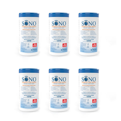 "SONO Disinfecting Wipes 6-Pack Canisters, providing 80 ct each for thorough cleaning and disinfection.